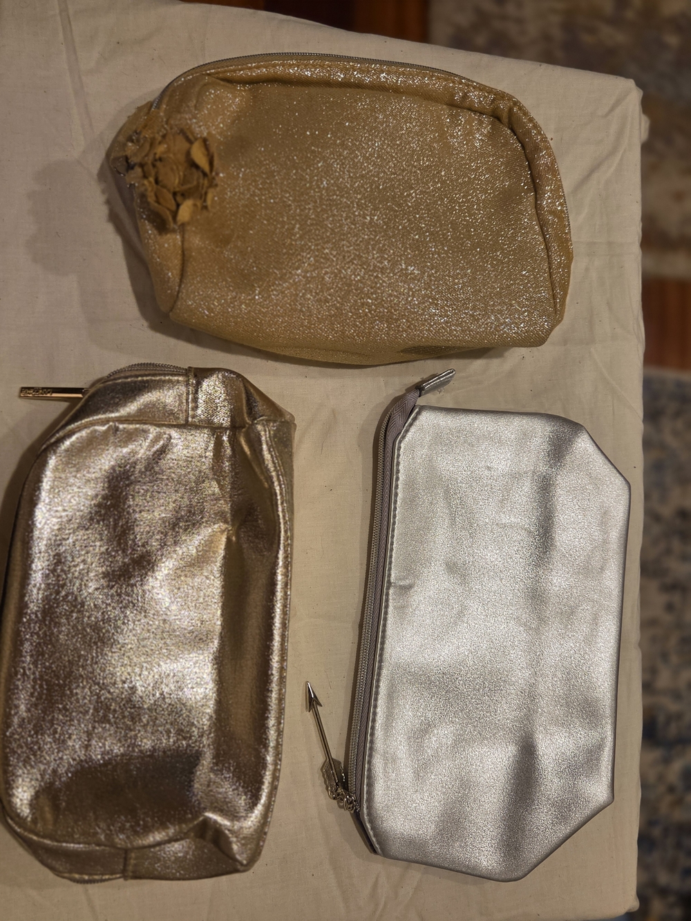Lancome Metallic Cosmetic Pouch Trio - Gold & Silver